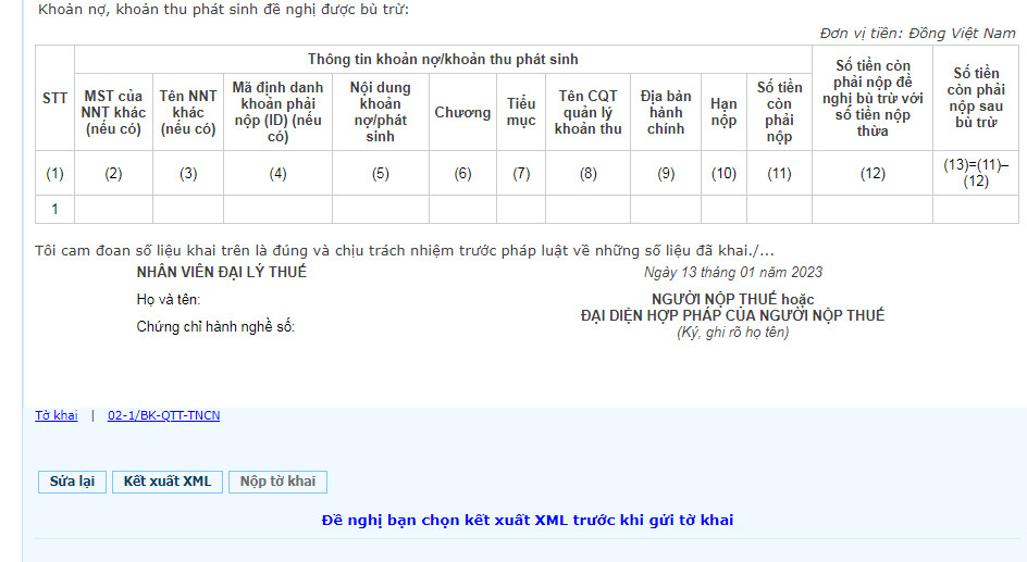 Kết xuất tờ khai quyết toán thuế TNCN dạng XML