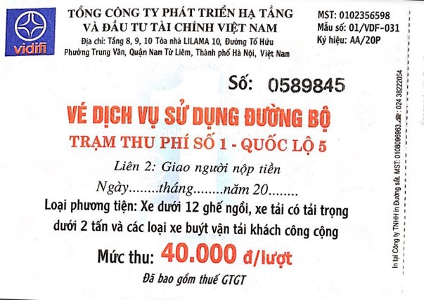 Vé thu phí đường bộ được coi là chứng từ hợp lệ