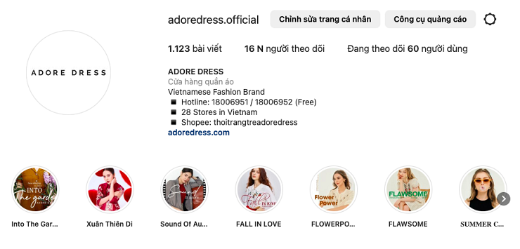 Những bộ sưu tập được ghim lên đầu trang tạo sự chú ý (Ảnh : Instagram Adore Dress)