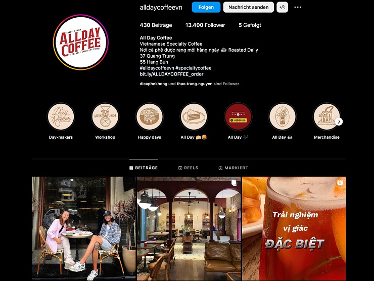 Kênh Instagram của thương hiệu All day coffee (Ảnh: All day coffee)