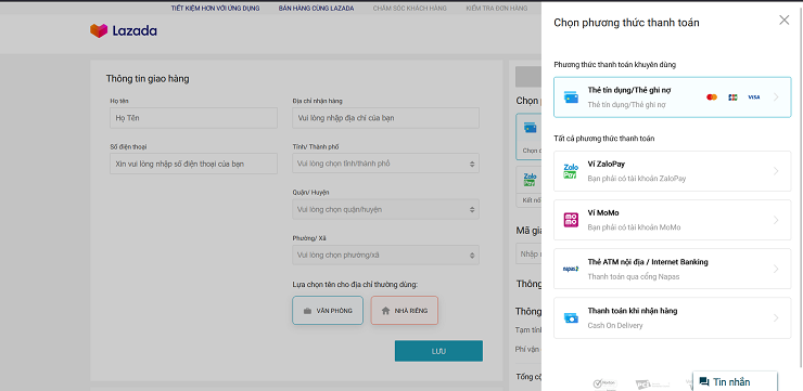 Lazada cung cấp rất nhiều phương thức thanh toán cho khách hàng lựa chọn - Nguồn lazada.vn