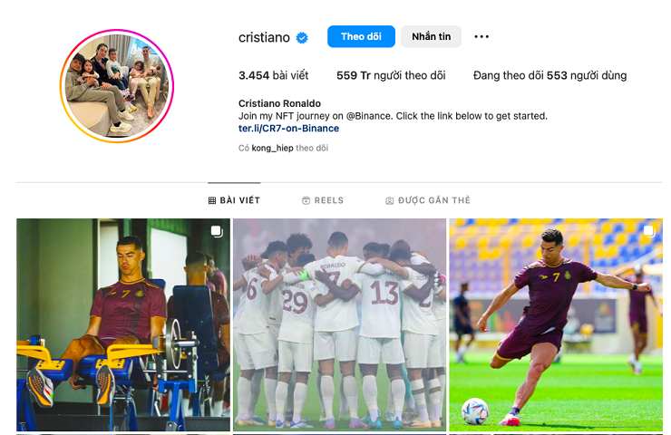 Tính đến tháng 3/2023, Cristiano Ronaldo sở hữu tài khoản được theo dõi nhiều nhất Instagram với 559 triệu người (Ảnh : Instagram )