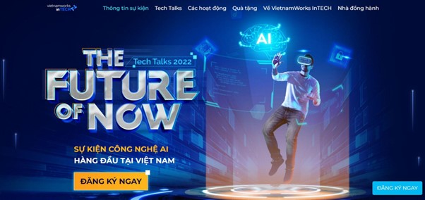 Landing page của sự kiện Tech Talks được thiết kế ấn tượng với đầy đủ thông tin về chương trình - Nguồn: https://techtalks2022.vietnamworks.com/