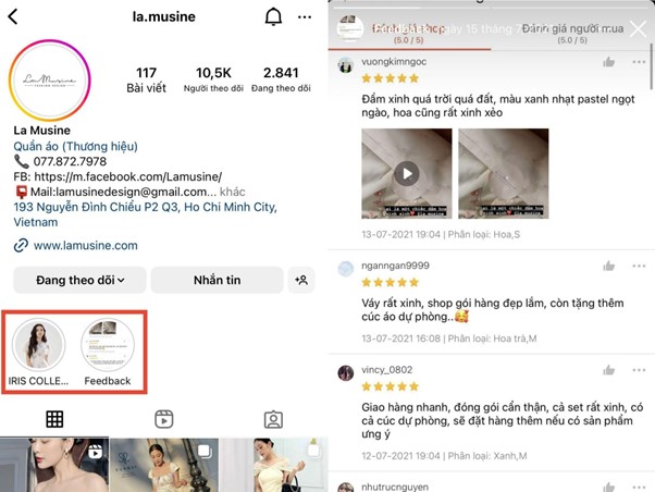 Story highlights của thương hiệu thời trang La Musine feedback của khách hàng để chứng minh chất lượng sản phẩm của mình