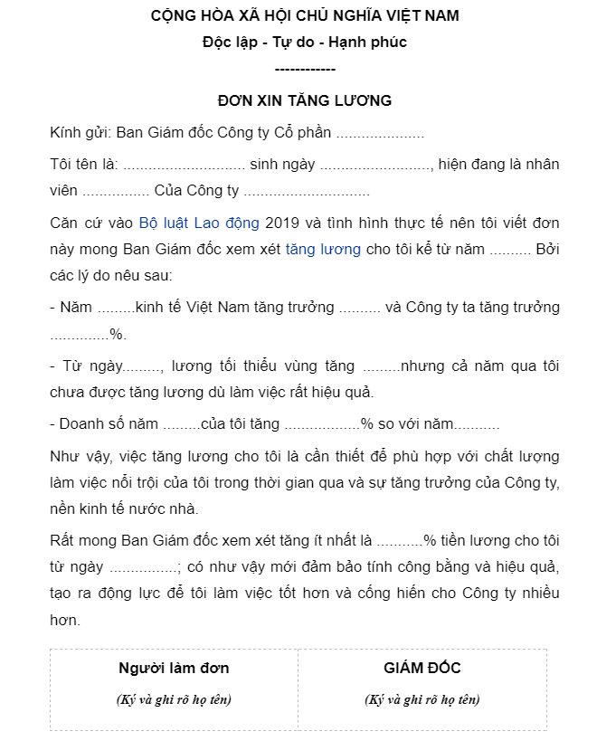 mẫu đơn đề xuất tăng lương