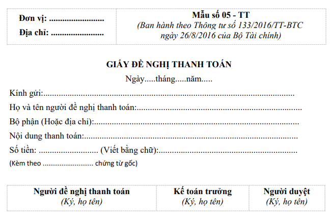 Mẫu giấy đề nghị thanh toán theo thông tư 133