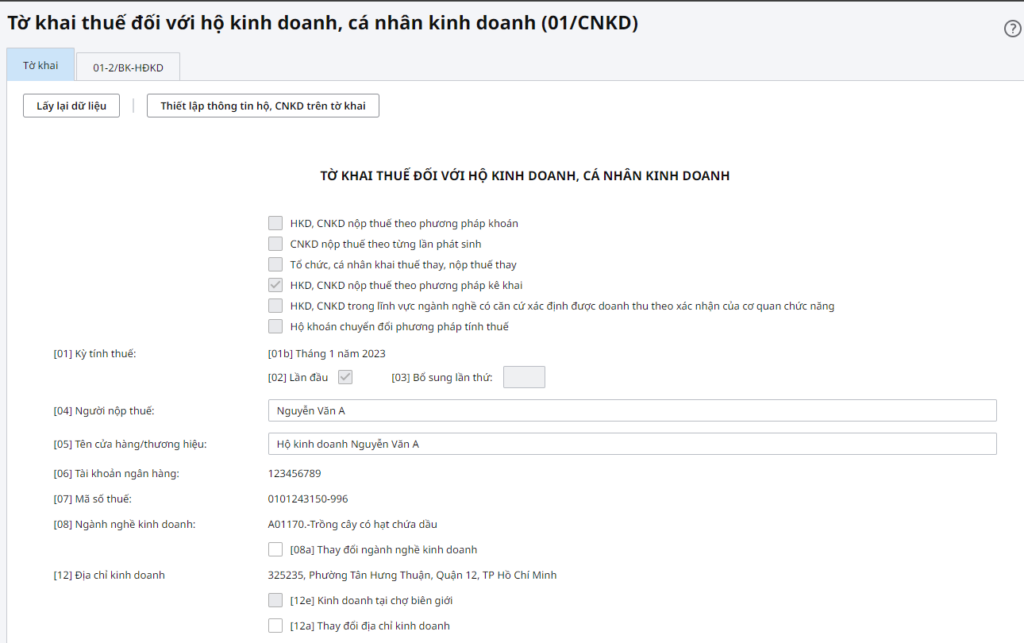 Tờ khai thuế Hộ Kinh doanh