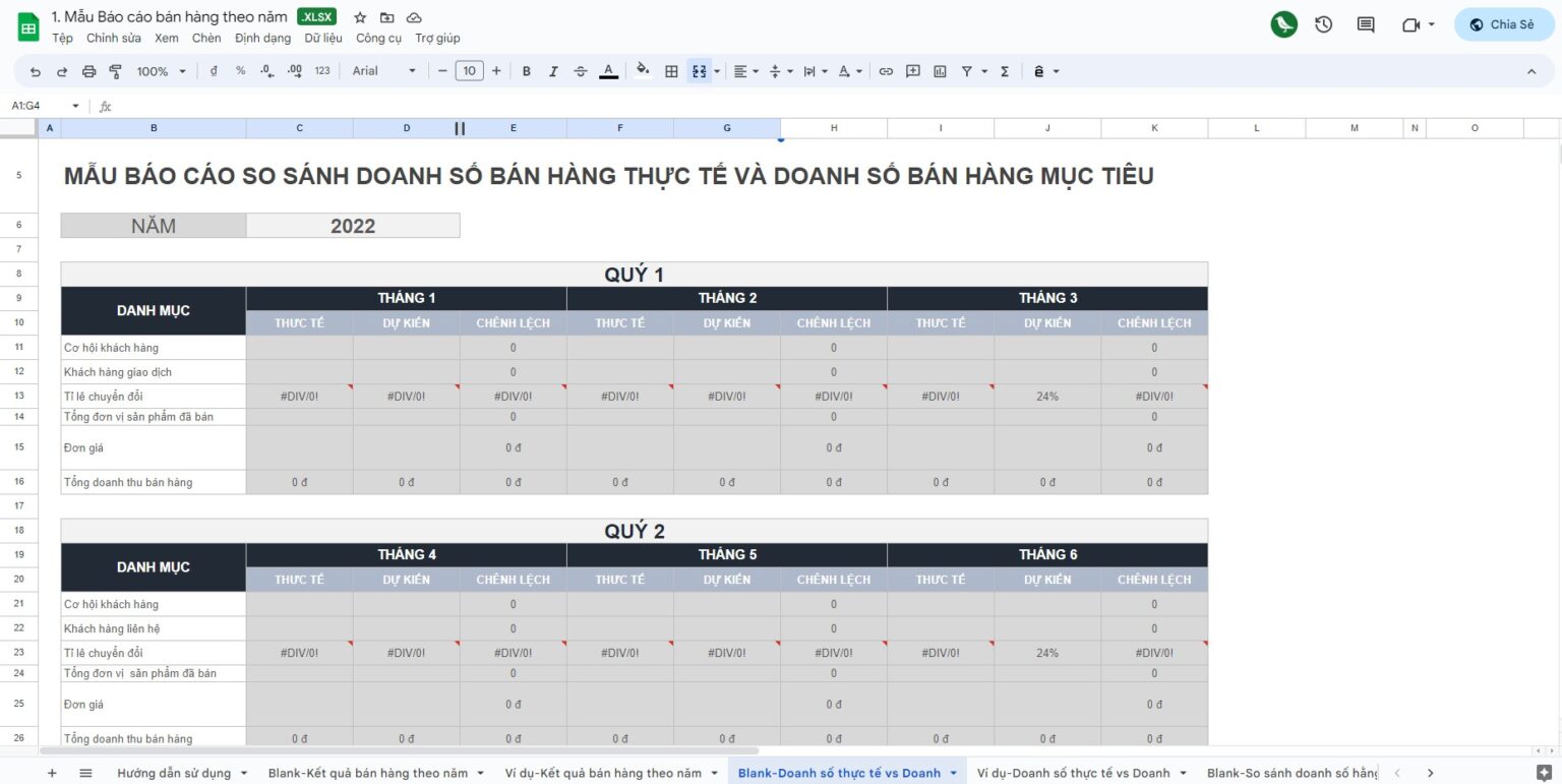 Mẫu excel báo cáo doanh thu thực tế so với mục tiêu