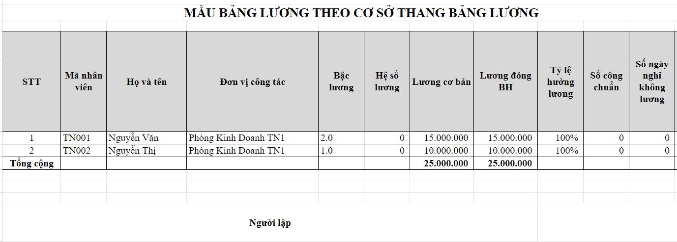 Hình ảnh mẫu bảng lương theo bậc 