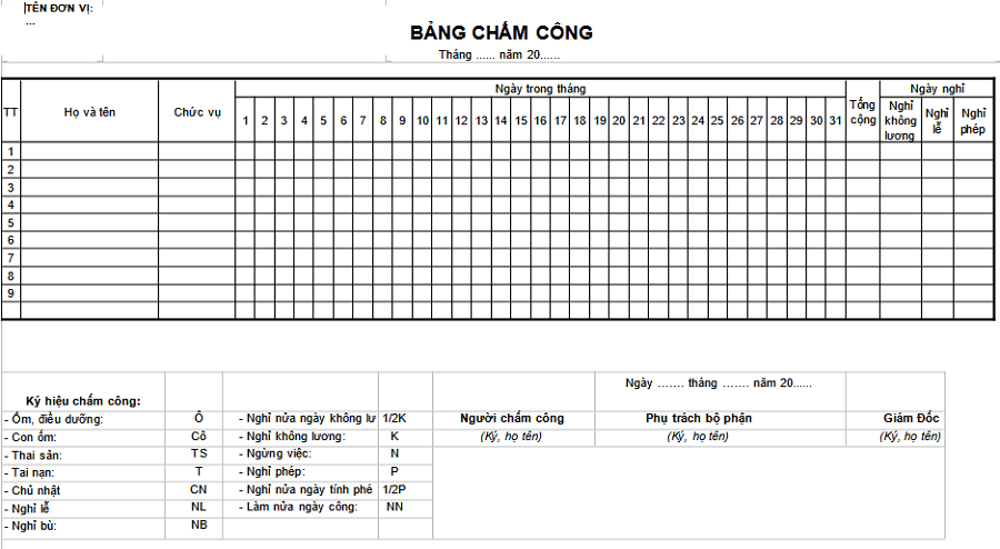 Mẫu bảng chấm công hàng ngày trên Word