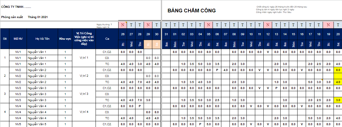 Mẫu bảng chấm công hàng ngày của bộ phận HR