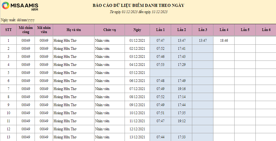 Bảng chấm công - điểm danh theo ngày