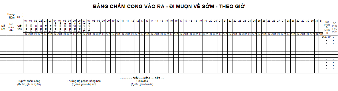 Mẫu bảng chấm công theo giờ ra vào