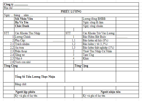 mẫu phiếu lương cá nhân