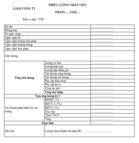 mẫu phiếu lương nhân viên