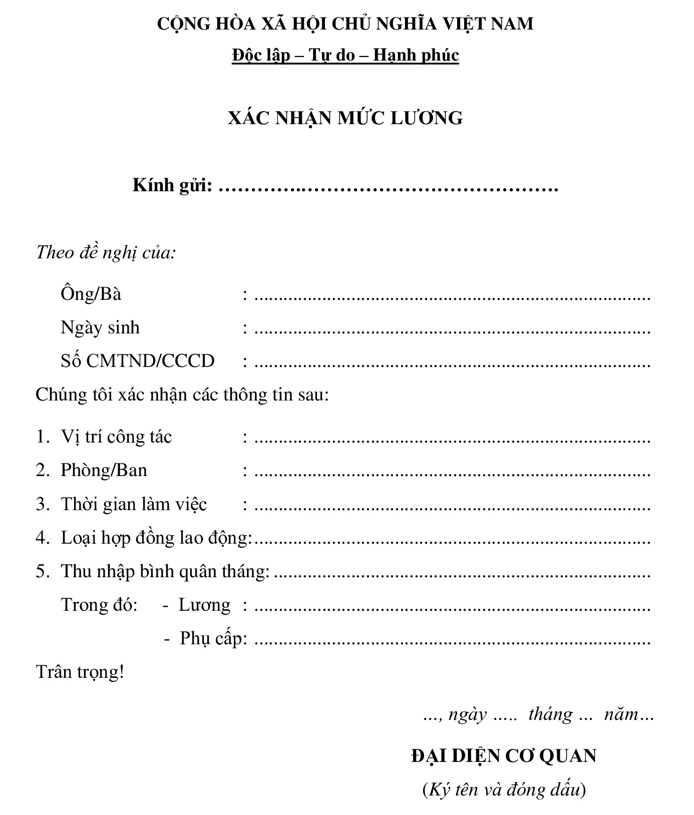 Mẫu xác nhận lương số 3