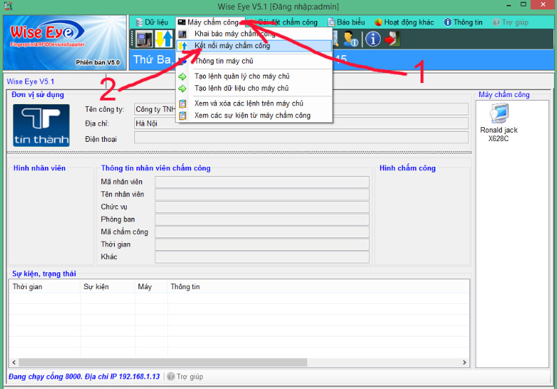 Thao tác kết nối với máy chấm công trên máy tính