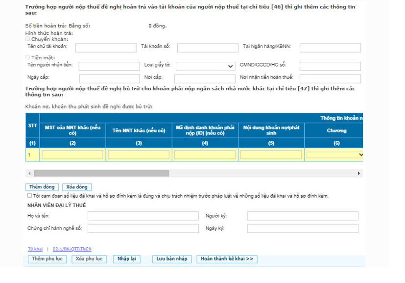 Kê khai các thông tin nộp thuế