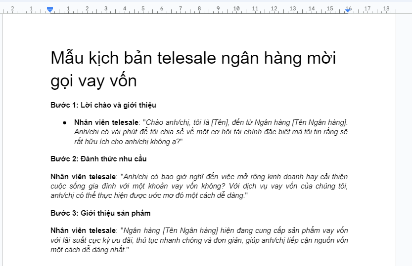 Mẫu kịch bản telesale ngân hàng