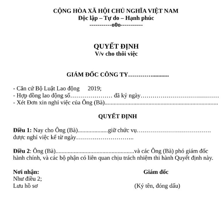 mẫu quyết định nghỉ việc