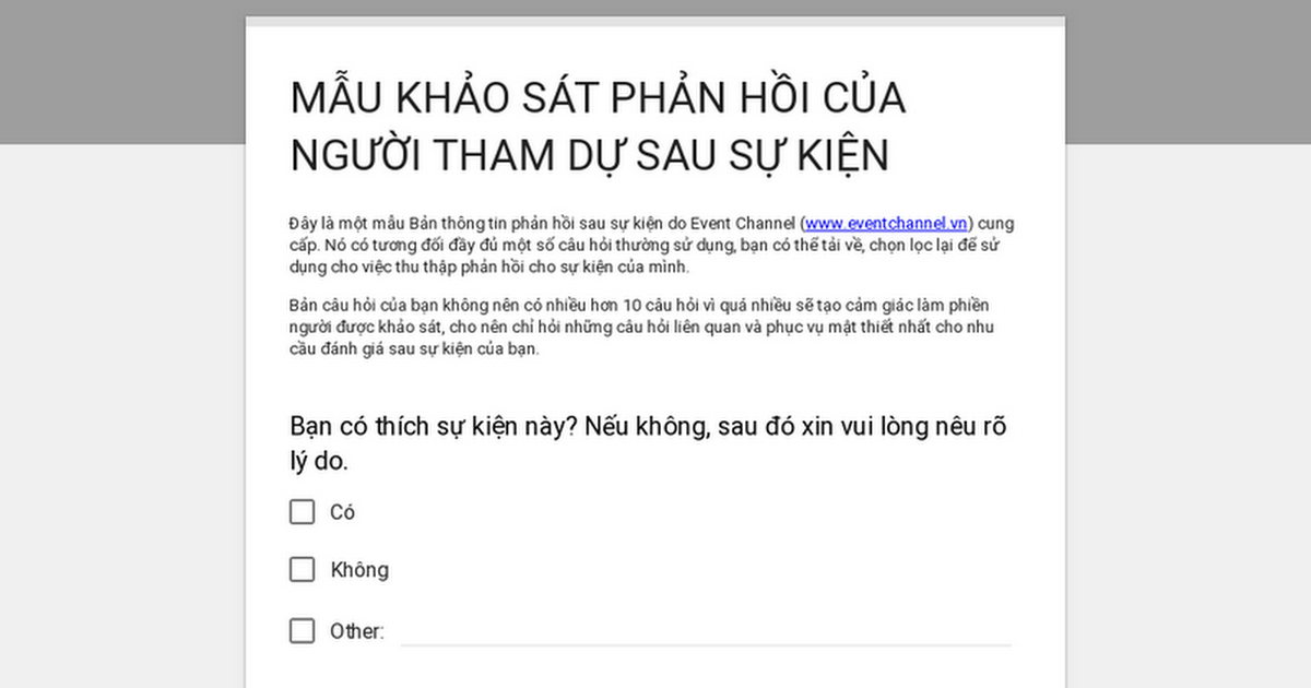 Phiếu khảo sát sự hài lòng của khach hàng sau sự kiện