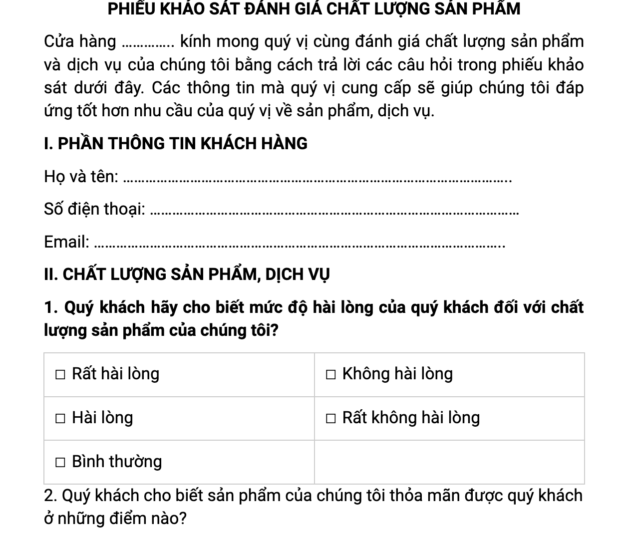 phiếu khảo sát đánh giá chất lượng