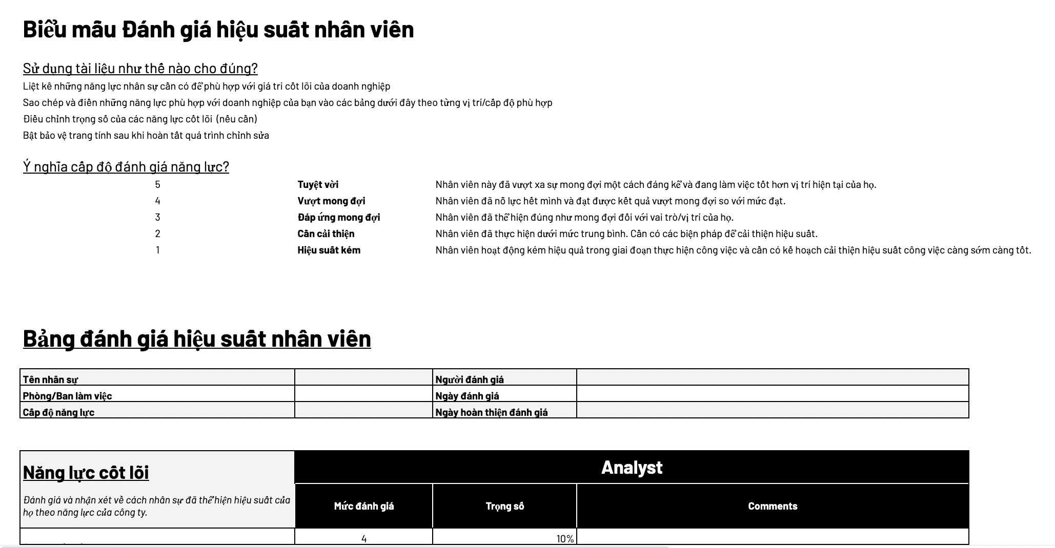 biểu mẫu đánh giá hiệu suất nhân viên theo năng lực