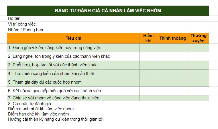 bảng tự đánh giá cá nhân làm việc nhóm