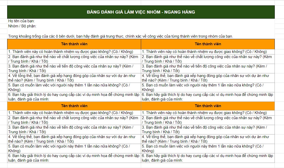 đánh giá làm việc nhóm ngang hàng cùng cấp