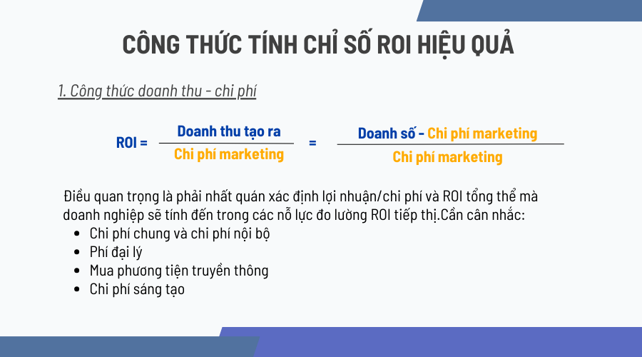 Công thức tính ROI qua doanh thu và chi phí.