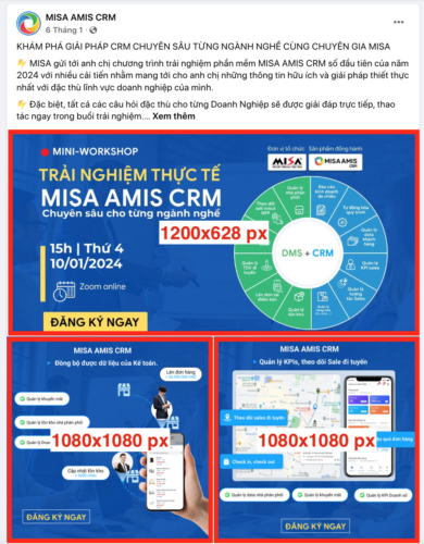 Kích thước ảnh quảng cáo Facebook dạng bài 3 ảnh gồm 1 ảnh chính hình chữ nhật ngang và 2 ảnh phụ hình vuông.