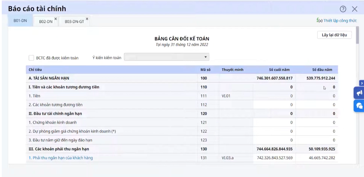 Bảng cân đối kế toán mẫu bn-01 trên phần mềm kế toán MISA AMIS