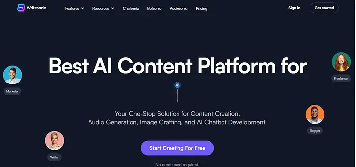 Trang chủ Writesonic với thông điệp 'Best AI Content Platform', giới thiệu giải pháp toàn diện cho tạo nội dung, âm thanh, hình ảnh và phát triển chatbot AI.