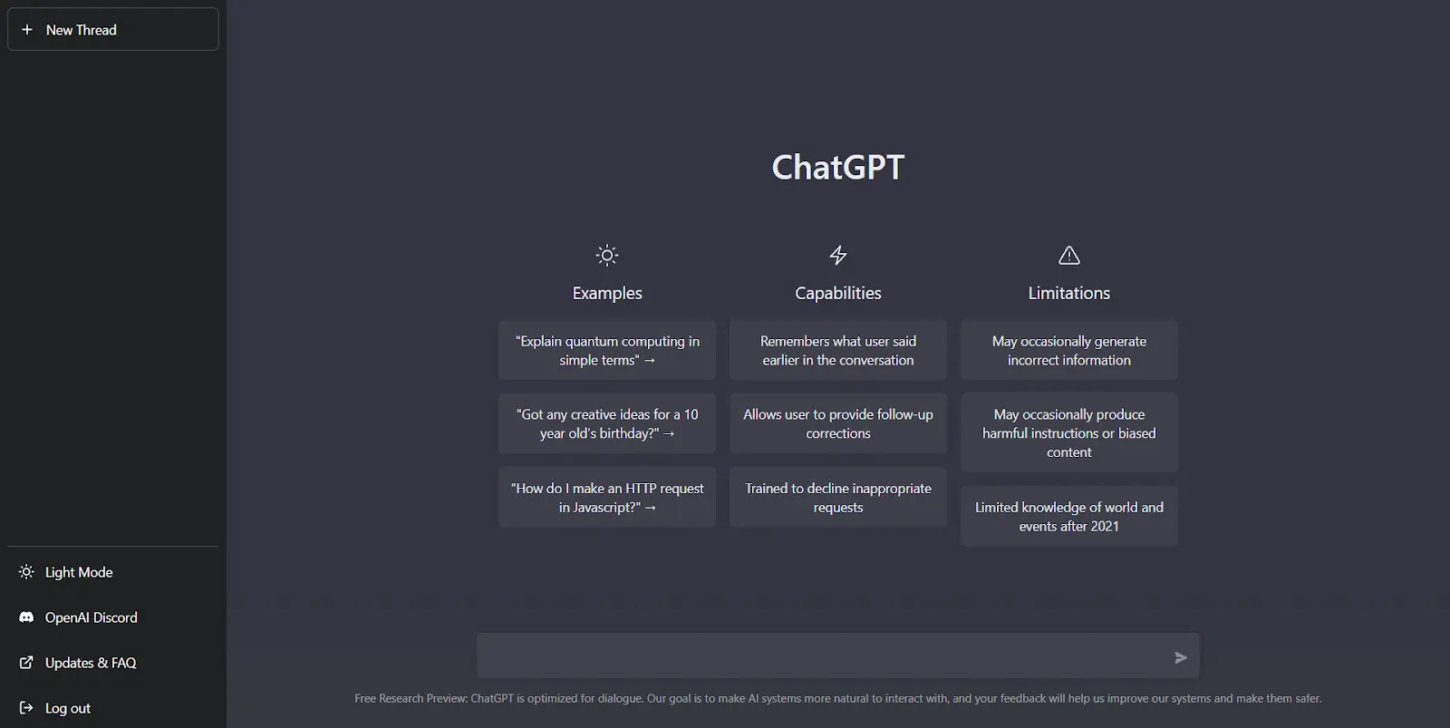 Giao diện ChatGPT với các mục Examples, Capabilities và Limitations, minh họa khả năng và giới hạn của công cụ AI trong việc hỗ trợ người dùng.