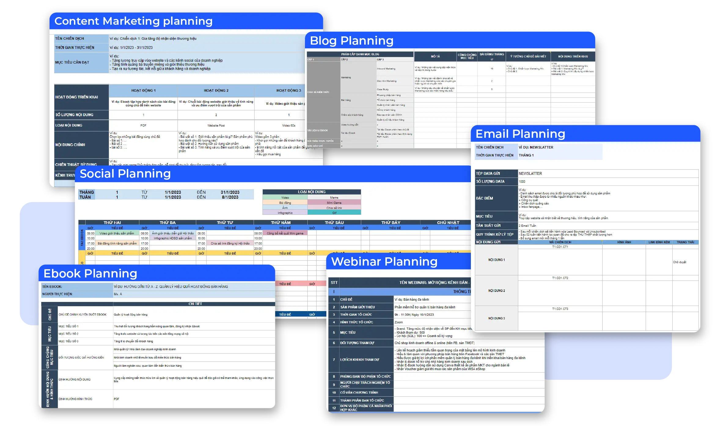 Hình ảnh tổng hợp các kế hoạch tiếp thị bao gồm Content Marketing, Blog, Social, Email, Ebook và Webinar Planning, minh họa chi tiết từng chiến lược nội dung.