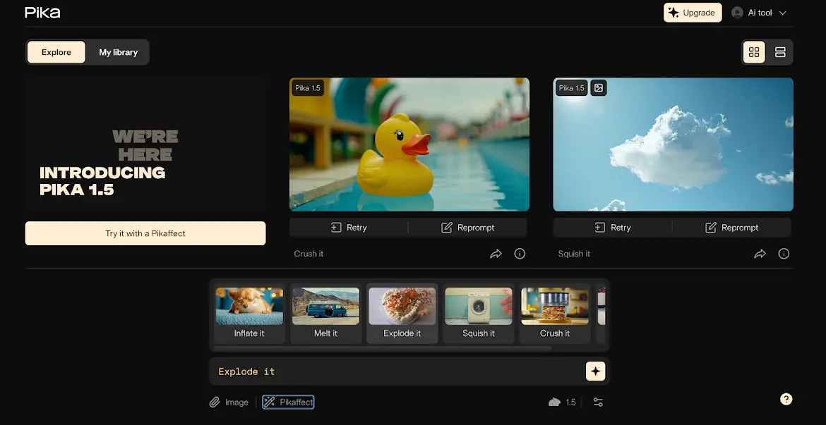 Giao diện Pika Labs phiên bản 1.5, hiển thị các hiệu ứng video độc đáo như Inflate it, Explode it, và Crush it