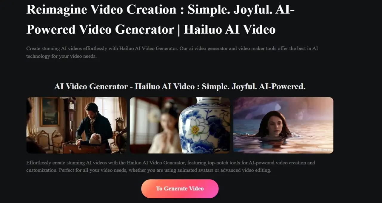 Trang chủ Hailuo AI Video Generator, giới thiệu công cụ tạo video AI đơn giản, hiệu quả, với hình ảnh minh họa đa dạng